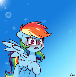 Size: 1544x1562 | Tagged: safe, alternate version, artist:lou, derpibooru import, rainbow dash, pegasus, pony, blushing, female, lens flare, looking at you, mare, open mouth, rainbow dash is not amused, raised hoof, raised leg, solo, spread wings, sun, unamused, wings