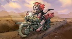 Size: 1280x696 | Tagged: safe, artist:jekeita, derpibooru import, oc, oc only, earth pony, semi-anthro, clothes, goggles, gun, motorcycle, post-apocalyptic, solo, weapon