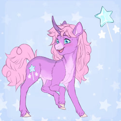 Size: 1024x1024 | Tagged: safe, artist:jadejellie, derpibooru import, oc, oc only, oc:lolli star, pony, unicorn, blushing, curved horn, eyebrows, eyebrows visible through hair, female, horn, light blue background, looking to side, looking to the left, magical lesbian spawn, mare, offspring, open mouth, open smile, parent:pinkie pie, parent:twilight sparkle, parents:twinkie, raised hoof, raised leg, simple background, smiling, solo, unicorn oc