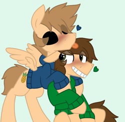 Size: 616x602 | Tagged: safe, artist:scarecrow768, derpibooru import, earth pony, pegasus, pony, base used, black sclera, blushing, clothes, duo, duo male, edd (eddsworld), eddsworld, eye clipping through hair, gay, green background, grin, heart, hoodie, hug, male, ponified, shipping, simple background, smiling, spread wings, stallion, tom (eddsworld), tomedd, tongue, tongue out, wings