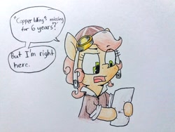 Size: 1024x768 | Tagged: safe, artist:cherro, derpibooru import, oc, oc only, oc:copper wings, pony, clothes, dialogue, goggles, paper, solo, traditional art