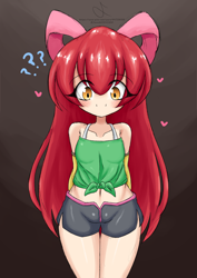 Size: 2480x3507 | Tagged: safe, artist:jennifermabel, twibooru import, apple bloom, human, adorabloom, blushing, clothes, cute, heart, humanized, image, png, question mark, shorts