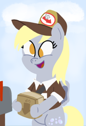 Size: 366x536 | Tagged: safe, artist:realgero, derpibooru import, derpy hooves, pegasus, pony, semi-anthro, bipedal, clothes, cute, derp, derpabetes, female, happy, mailmare, mare, open mouth, package, smiling, solo