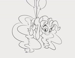 Size: 3300x2550 | Tagged: safe, artist:leadhooves, derpibooru import, pinkie pie, earth pony, pony, balloon, black and white, female, floating, grayscale, lineart, mare, monochrome, simple background, smiling, solo, then watch her balloons lift her up to the sky, white background