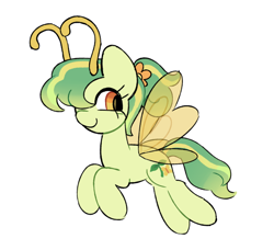 Size: 640x583 | Tagged: safe, artist:risswm, derpibooru import, oc, oc only, breezie, antennae, breezie oc, female, flower, flower in hair, simple background, smiling, solo, white background, wings