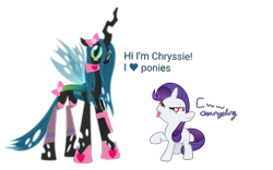 Size: 4000x2500 | Tagged: safe, artist:aonatsu_ki, derpibooru import, queen chrysalis, rarity, changeling, changeling queen, pony, unicorn, comic:insane filly rarity, :p, angry eyes, blushing, bow, changeling horn, clothes, cringealis, cute, cutealis, duo, duo female, female, filly, filly rarity, foal, hair bow, heart, high res, horn, insect wings, knife, lidded eyes, pure unfiltered evil, raised hoof, raised leg, raribitch, red eyes, ribbon, shoes, simple background, spread wings, standing, tongue, tongue out, transparent background, wings, wrong eye color, younger