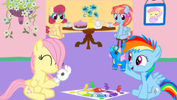 Size: 1280x720 | Tagged: safe, artist:mlplary6, derpibooru import, firefly, fluttershy, posey shy, rainbow dash, windy whistles, pegasus, pony, rabbit, animal, female, filly, foal, food, playdate, playing, toy, wonderbolts