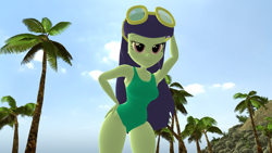 Size: 1920x1080 | Tagged: safe, artist:mr.uberrebu25, derpibooru import, blueberry cake, equestria girls, 3d, beach, beach babe, breasts, busty blueberry cake, clothes, green swimsuit, hand on head, hand on hip, one-piece swimsuit, palm tree, solo, swimsuit, tree