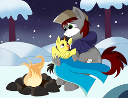 Size: 9000x6923 | Tagged: safe, artist:rainbowtashie, derpibooru import, oc, oc:khaki-cap, oc:tommy the human, alicorn, earth pony, pony, alicorn oc, butt, campfire, child, clothes, cold, colt, commissioner:bigonionbean, concerned, cutie mark, dummy thicc, earth pony oc, extra thicc, fire, foal, hat, horn, male, pants, plot, red nosed, sick, sitting, snow, snowfall, stallion, swollen horn, teary eyes, thicc ass, tree, wings, worried, writer:bigonionbean