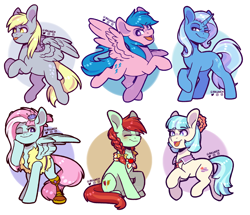 Size: 2000x1717 | Tagged: safe, artist:ak4neh, derpibooru import, candy apples, coco pommel, derpy hooves, firefly, kerfuffle, trixie, earth pony, pegasus, pony, unicorn, amputee, apple family member, bow, braid, female, mare, necktie, prosthetic limb, prosthetics, tongue, tongue out