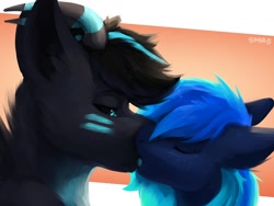 Size: 1200x900 | Tagged: safe, artist:st4rs6, derpibooru import, oc, oc only, oc:moony blues, anthro, bat pony, pony, duo, eyes closed, female, kissing, mare, oc x oc, shipping, simple background