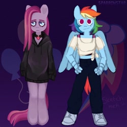 Size: 1080x1080 | Tagged: safe, artist:sparrowstarr, derpibooru import, pinkie pie, rainbow dash, anthro, earth pony, pegasus, unguligrade anthro, choker, clothes, converse, cutie mark background, duo, female, hoodie, pants, pinkamena diane pie, shoes, sneakers