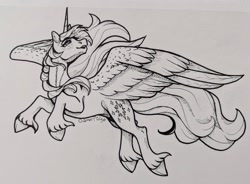 Size: 2048x1509 | Tagged: safe, artist:honiibree, derpibooru import, twilight sparkle, twilight sparkle (alicorn), alicorn, pony, flying, smiling, solo, spread wings, traditional art, unshorn fetlocks, wings