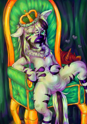 Size: 2480x3508 | Tagged: safe, artist:porcelanowyokular, derpibooru import, oc, oc only, unicorn, zebra, chubby, crown, duo, featureless crotch, female, horn, jewelry, mare, regalia, sitting, throne, unicorn oc, zebra oc