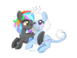 Size: 1600x1200 | Tagged: safe, artist:kaikururu, derpibooru import, oc, oc only, earth pony, pegasus, pony, blushing, duo, earth pony oc, female, heart, hug, lesbian, multicolored hair, oc x oc, one eye closed, pegasus oc, rainbow hair, shipping, simple background, smiling, transparent background, winghug, wings, wink