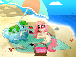 Size: 1600x1200 | Tagged: safe, artist:kaikururu, derpibooru import, oc, oc only, bat pony, crab, earth pony, pony, bat pony oc, beach, duo, earth pony oc, female, male, mare, outdoors, picnic, smiling, stallion