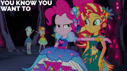 Size: 1280x720 | Tagged: safe, derpibooru import, edit, edited screencap, editor:quoterific, screencap, derpy hooves, flash sentry, lyra heartstrings, pinkie pie, sunset shimmer, equestria girls, legend of everfree, legend of everfree - bloopers, clothes, duo focus, eyes closed, female, male, open mouth, open smile, smiling, suit