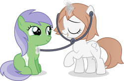 Size: 5422x3533 | Tagged: safe, artist:cirillaq, derpibooru import, oc, oc only, oc:healing touch, oc:key lime, earth pony, pony, unicorn, absurd resolution, bandage, brown mane, brown tail, duo, duo female, earth pony oc, eyes closed, female, filly, foal, glowing, glowing horn, hooves, horn, magic, open mouth, open smile, raised hoof, raised leg, shadow, show accurate, simple background, sitting, smiling, standing, stethoscope, tail, telekinesis, transparent background, two toned mane, two toned tail, unicorn oc, vector