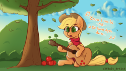 Size: 3840x2160 | Tagged: safe, artist:d3f4ult_4rt1st, derpibooru import, applejack, earth pony, pony, apple, applejack's hat, bandana, caption, clothes, cloud, cowboy hat, cute, dawn, eye clipping through hair, food, guitar, hat, hill, jackabetes, leaves, musical instrument, playing guitar, singing, sketch, sky, solo, sweet apple acres, tree, wind