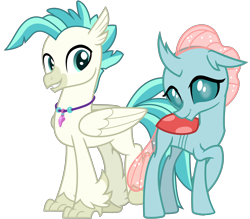 Size: 3658x3200 | Tagged: safe, artist:cheezedoodle96, derpibooru import, edit, ocellus, terramar, changedling, changeling, classical hippogriff, hippogriff, school daze, surf and/or turf, .svg available, cute, cuteling, diaocelles, duo, female, high res, jewelry, looking at you, male, necklace, raised hoof, raised leg, shipping, shy, simple background, smiling, straight, svg, terracellus, transparent background, vector