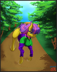 Size: 1200x1500 | Tagged: safe, artist:swiftriff, derpibooru import, oc, oc:gravel sprint, pony, commission, female, running, solo, track suit, tree