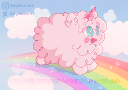 Size: 1754x1240 | Tagged: safe, artist:aylinsart, derpibooru import, oc, oc only, oc:fluffle puff, pony, cloud, fake horn, female, fluffy, pink fluffy unicorns dancing on rainbows, rainbow, solo