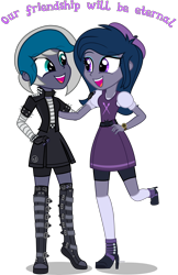 Size: 4000x6174 | Tagged: safe, artist:n0kkun, derpibooru import, oc, oc only, oc:elizabat stormfeather, oc:n0kkun, equestria girls, belt, beret, boots, choker, clothes, compression shorts, cute, dress, duo, equestria girls-ified, eyeshadow, female, fingerless gloves, friendship, gloves, grin, hat, high heel boots, jacket, leather jacket, makeup, open mouth, shirt, shoes, shorts, simple background, skirt, smiling, socks, spiked choker, spiked wristband, stockings, sweater, thigh highs, transparent background, watch, wristband, wristwatch