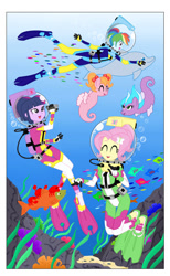 Size: 900x1465 | Tagged: safe, artist:shoxxe, artist:the-sakura-samurai, derpibooru import, fluttershy, rainbow dash, twilight sparkle, crab, dolphin, fish, sea pony, equestria girls, camera, coral, cute, eyes closed, female, helmet, scuba diving, scuba gear, shyabetes, trio, trio female, underwater, wetsuit