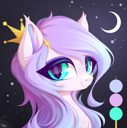 Size: 2616x2640 | Tagged: safe, artist:stahlkat, derpibooru import, oc, oc only, pony, bust, color palette, crescent moon, crown, cute, cute little fangs, eyelashes, fangs, female, jewelry, looking at you, mare, moon, oc name needed, portrait, princess, regalia, signature, slit eyes, smiling, smiling at you, solo, stars, three quarter view