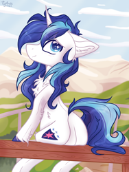 Size: 1620x2160 | Tagged: safe, artist:tizhonolulu, derpibooru import, shining armor, pony, unicorn, bench, butt, chest fluff, cloud, cute, dock, ear fluff, ears, floppy ears, looking at you, male, mountain, shining adorable, sitting, smiling, solo, stallion, tail, unshorn fetlocks