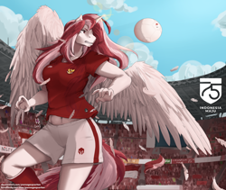 Size: 2270x1920 | Tagged: safe, artist:pwnagespartan, derpibooru import, oc, oc only, oc:indonisty, alicorn, anthro, pony, alicorn oc, anthro oc, ball, clothes, female, football, horn, indonesia, nation ponies, ponified, shorts, solo, sports, stadium, wings