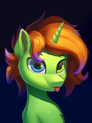 Size: 1191x1590 | Tagged: safe, artist:foxpit, derpibooru import, oc, oc only, oc:hoping light, pony, unicorn, :p, bust, commission, ear fluff, ears, gradient background, heterochromia, horn, looking at you, portrait, solo, tongue, tongue out, two toned mane, unicorn oc