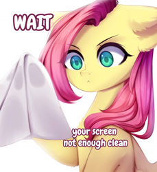 Size: 1200x1308 | Tagged: safe, artist:shavurrr, derpibooru import, fluttershy, pegasus, pony, :<, breaking the fourth wall, chest fluff, colored pupils, cute, dialogue, ear fluff, ears, engrish, eye clipping through hair, eyebrows, eyebrows visible through hair, female, hoof hold, mare, rag, simple background, solo, washing, white background