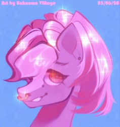 Size: 608x642 | Tagged: safe, artist:unknownvillage, derpibooru import, oc, oc only, earth pony, pony, bust, colored, ear piercing, female, grin, looking at you, mare, nose piercing, offscreen character, piercing, portrait, simple background, smiling, solo, sparkles