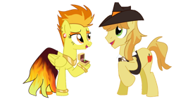 Size: 1024x582 | Tagged: safe, artist:nintendoponyaddict, derpibooru import, braeburn, spitfire, earth pony, pegasus, pony, duo, ear piercing, female, folded wings, green eyes, hoof hold, hooves, jewelry, lidded eyes, looking at someone, male, mare, open mouth, open smile, orange eyes, piercing, raised hoof, raised leg, ring, shipping, simple background, smiling, spitburn, stallion, standing, straight, tail, transparent background, two toned mane, two toned tail, wings