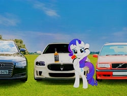 Size: 6512x4884 | Tagged: safe, artist:bluse, derpibooru import, edit, rarity, pony, unicorn, audi, bipedal, car, female, flower, jack daniels, maserati, mouth hold, rose, sexy, solo, volvo