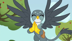 Size: 1280x720 | Tagged: safe, derpibooru import, screencap, gabby, griffon, the fault in our cutie marks, ^^, cute, eyes closed, female, gabbybetes, happy, solo