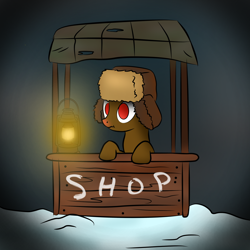 Size: 2000x2000 | Tagged: safe, artist:pizzamovies, derpibooru import, oc, oc only, oc:copper caps, earth pony, pony, ashes town, lantern, male, merchant, simple background, snow