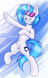 Size: 600x960 | Tagged: safe, artist:shad0w-galaxy, derpibooru import, dj pon-3, vinyl scratch, pony, unicorn, belly button, cute, female, grin, mare, raised hoof, raised leg, smiling, solo, vinyl's glasses, vinylbetes