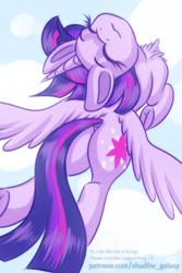 Size: 600x900 | Tagged: safe, artist:shad0w-galaxy, derpibooru import, twilight sparkle, twilight sparkle (alicorn), alicorn, pony, butt, dock, eyes closed, female, flying, mare, plot, smiling, solo, tail, underhoof