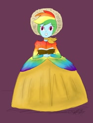 Size: 1500x2000 | Tagged: safe, artist:fude-chan-art, derpibooru import, rainbow dash, equestria girls, caroling, clothes, dress, gown, long dress, long skirt, purple background, simple background, skirt, solo