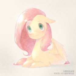 Size: 750x750 | Tagged: safe, artist:ahchun, derpibooru import, fluttershy, pegasus, pony, :3, cute, ears, female, floppy ears, looking up, lying down, mare, prone, shyabetes, solo, wings