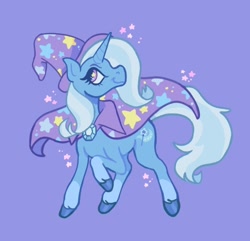 Size: 640x616 | Tagged: safe, artist:cuelerae, derpibooru import, trixie, pony, unicorn, cape, clothes, female, hat, hooves, raised hoof, raised leg, simple background, solo, solo female, sparkles, trixie's cape, trixie's hat