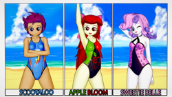 Size: 1920x1080 | Tagged: safe, artist:ratachu666, derpibooru import, apple bloom, scootaloo, sweetie belle, equestria girls, 3d, beach, clothes, cutie mark crusaders, koikatsu, looking at you, one eye closed, one-piece swimsuit, swimsuit, trio, wink, winking at you