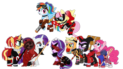 Size: 9283x5244 | Tagged: safe, artist:idkhesoff, derpibooru import, applejack, fluttershy, pinkie pie, rainbow dash, rarity, starlight glimmer, sunset shimmer, twilight sparkle, twilight sparkle (alicorn), alicorn, earth pony, pegasus, pony, unicorn, absurd resolution, alternate hairstyle, bandage, baseball bat, batman ninja, belt, blindfold, bomber jacket, boots, choker, clothes, corset, cosplay, costume, crossover, dc bombshells, dc comics, dc future slate, dress, ear piercing, earring, eyeshadow, face paint, female, fingerless gloves, fishnets, flying, future slate, gloves, goggles, grenade, grin, gun, hammer, handgun, harley quinn, hat, jacket, javelin, jewelry, knee pads, knife, lipstick, makeup, mallet, mane six, mare, mask, needle, nurse hat, nurse outfit, piercing, pistol, play arts kai, playing card, raised hoof, raised leg, ripped stockings, roller skates, shoes, shorts, simple background, sitting, skirt, smiling, sneakers, socks, spiked choker, spread wings, stockings, suicide squad, syringe, tanktop, tattoo, the lego batman movie, the suicide squad, thigh highs, torn clothes, torn socks, transparent background, voice actor joke, wall of tags, weapon, wings