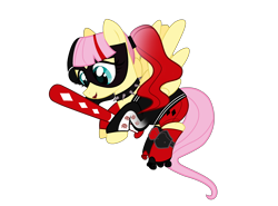 Size: 3636x2685 | Tagged: safe, artist:idkhesoff, derpibooru exclusive, derpibooru import, fluttershy, pegasus, pony, alternate hairstyle, baseball bat, boots, choker, clothes, cosplay, costume, crossover, dc comics, female, flying, harley quinn, jacket, knee pads, lipstick, makeup, mare, mask, roller skates, shoes, shorts, simple background, socks, solo, spiked choker, the lego batman movie, transparent background