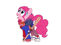 Size: 3636x2685 | Tagged: safe, artist:idkhesoff, derpibooru exclusive, derpibooru import, pinkie pie, earth pony, pony, alternate hairstyle, baseball bat, belt, boots, choker, clothes, cosplay, costume, crossover, dc comics, eyeshadow, female, fishnet stockings, grin, harley quinn, jacket, lipstick, makeup, mare, pinkie quinn, shoes, shorts, simple background, smiling, sneakers, solo, transparent background