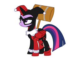 Size: 3636x2685 | Tagged: safe, artist:idkhesoff, derpibooru exclusive, derpibooru import, twilight sparkle, twilight sparkle (alicorn), alicorn, pony, alternate hairstyle, bodysuit, boots, clothes, cosplay, costume, crossover, dc comics, female, gloves, hammer, harley quinn, jester, jester motley, makeup, mallet, mare, mask, shoes, simple background, solo, tara strong, transparent background, voice actor joke