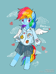 Size: 1080x1440 | Tagged: safe, artist:飘菌永远爱你, derpibooru import, rainbow dash, pegasus, semi-anthro, blue background, clothes, female, mare, shorts, simple background, solo