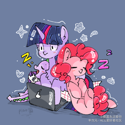 Size: 1080x1080 | Tagged: safe, artist:飘菌永远爱你, derpibooru import, pinkie pie, rarity, spike, twilight sparkle, dragon, earth pony, original species, pony, blue background, chest fluff, chibi, computer, female, laptop computer, mare, onomatopoeia, plush pony, plushie, rarity plushie, simple background, sleeping, sound effects, trio, zzz